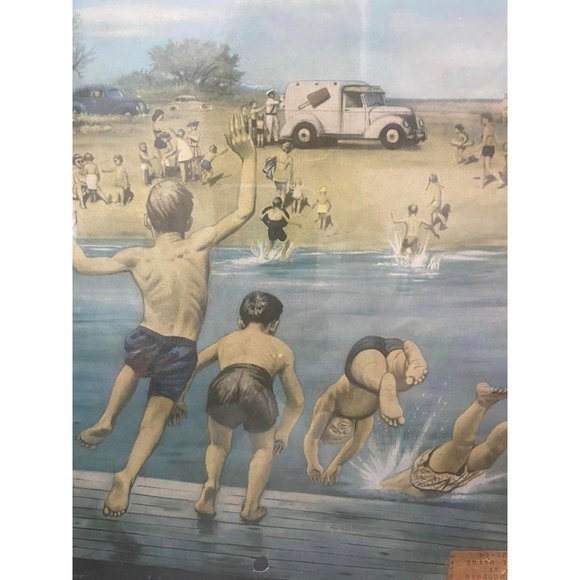 Old 1954 July POST Magazine Cover Framed Kids Jumping to Swim - Picture 2 of 6